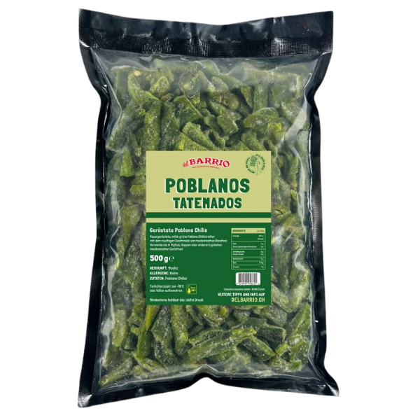 Del Barrio Roasted Poblano Chiles (Poblanos Tatemados) – 500 g