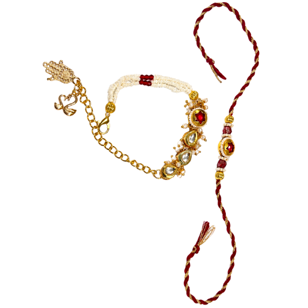 Red Kundan Rakhi Set with Pearl Lumba