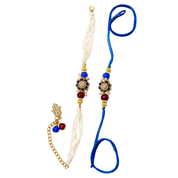 Blue Pearl Rakhi Set with Hamsa Charm