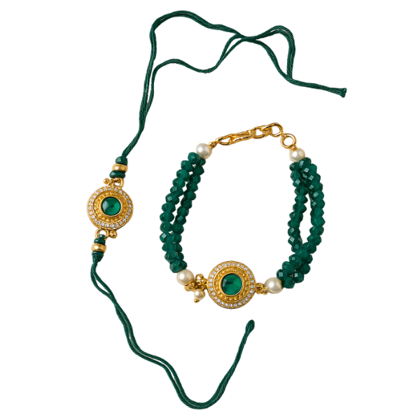 Emerald Embrace Kundan Rakhi - Couple Set