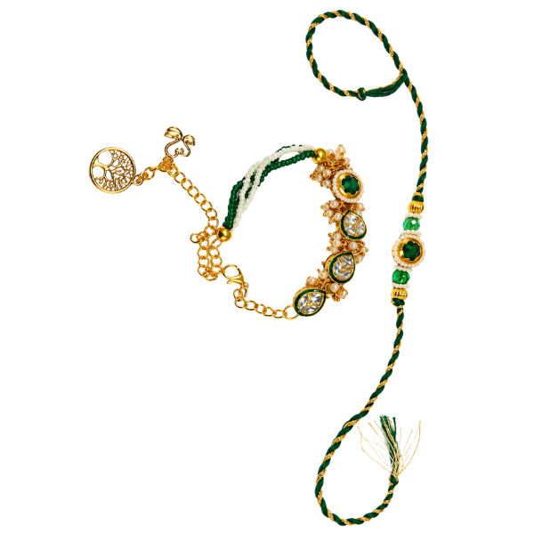 Green Kundan Rakhi Set with Pearl Lumba