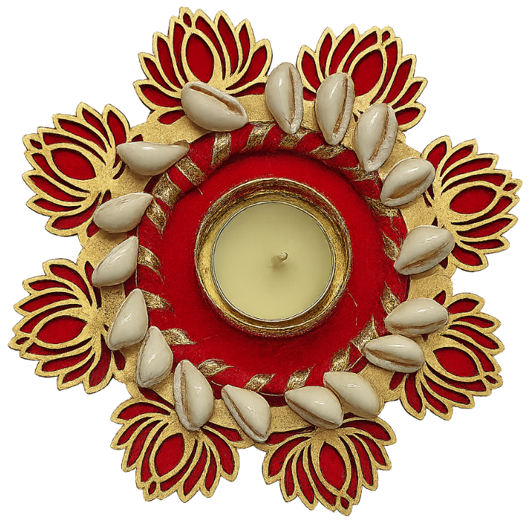 Red & Gold Lotus Cowrie Shell Diwali Tealight Diya - Per Pcs