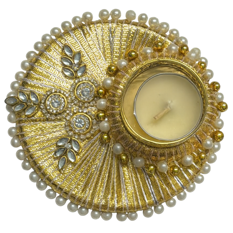 Round Pearl & Crystal Diwali Tealight Diya - Per Pcs
