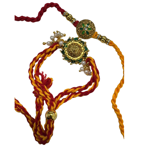 Traditional Floral Couple Rakhi Set – Green & Gold