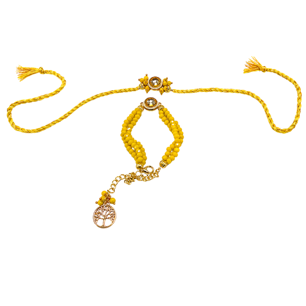 Yellow Rakhi Set with Beaded Lumba & Tree of Life Charm
